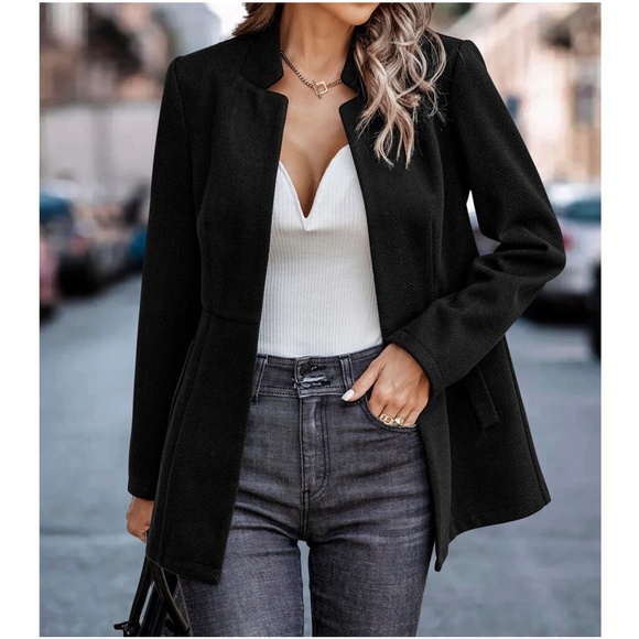 Classic Black Herringbone Blazer Jacket Coat - Picture 3 of 5